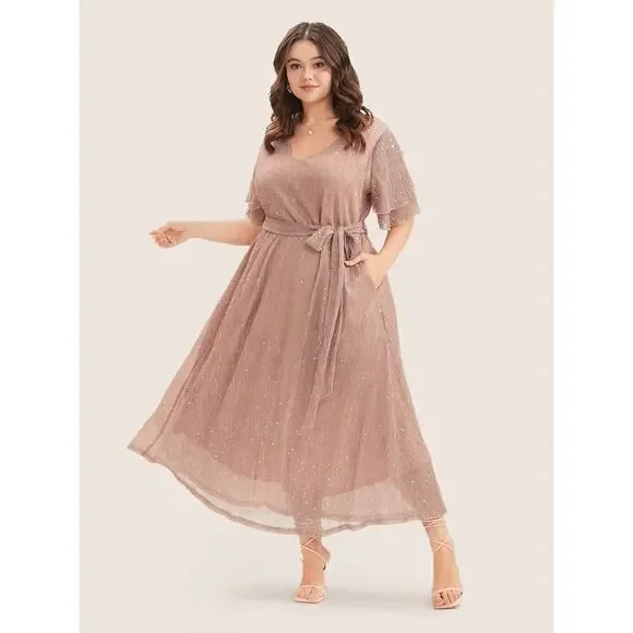 ✨ Plus Size 2X Dress with Ruffled Sleeves Sequins Sparkles & Pockets BloomChic - Picture 4 of 8